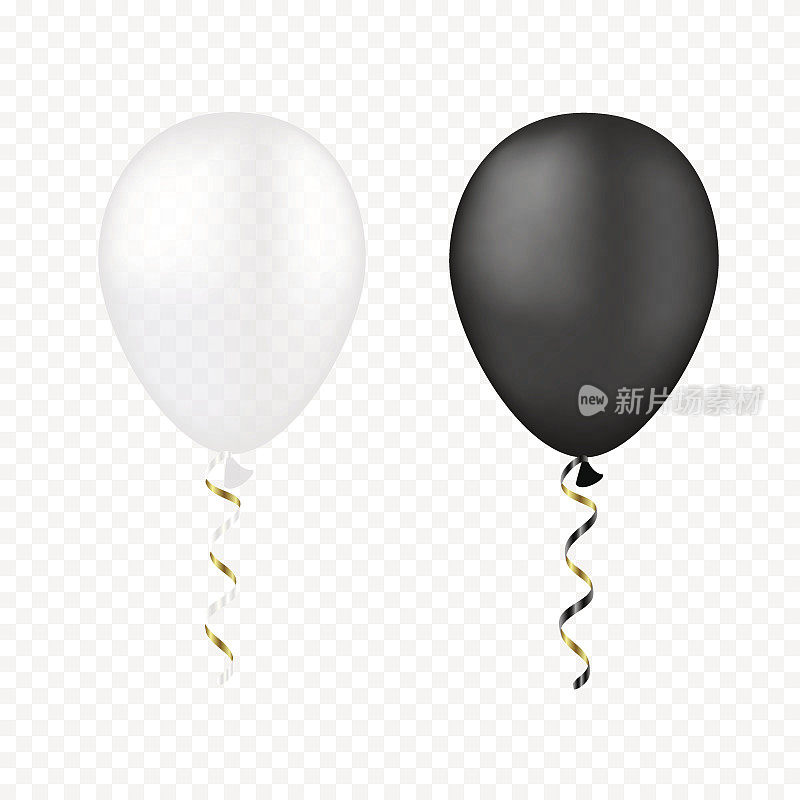 矢量白色和黑色气球在一个透明的背景。3d现实的快乐假期飞行空气氦气球