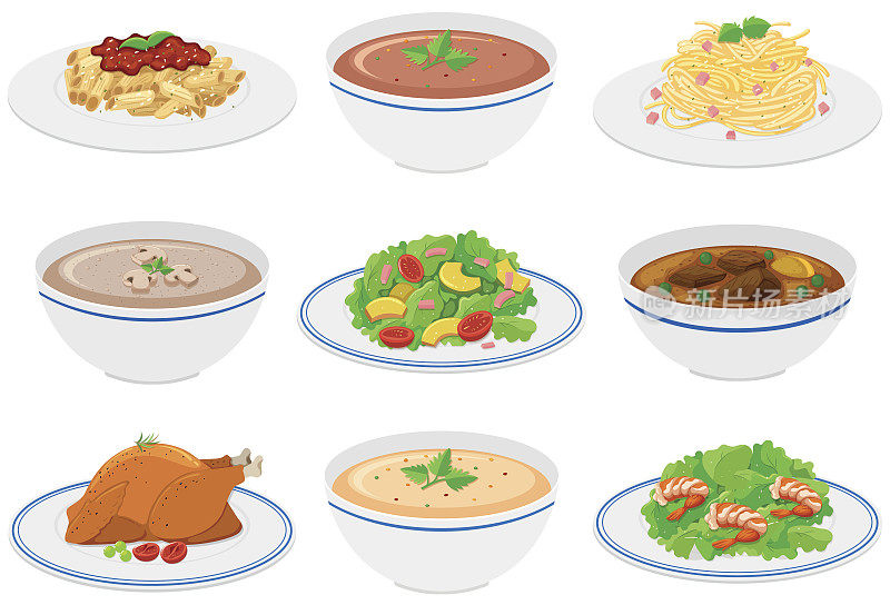 不同种类的食物放在盘子和碗里