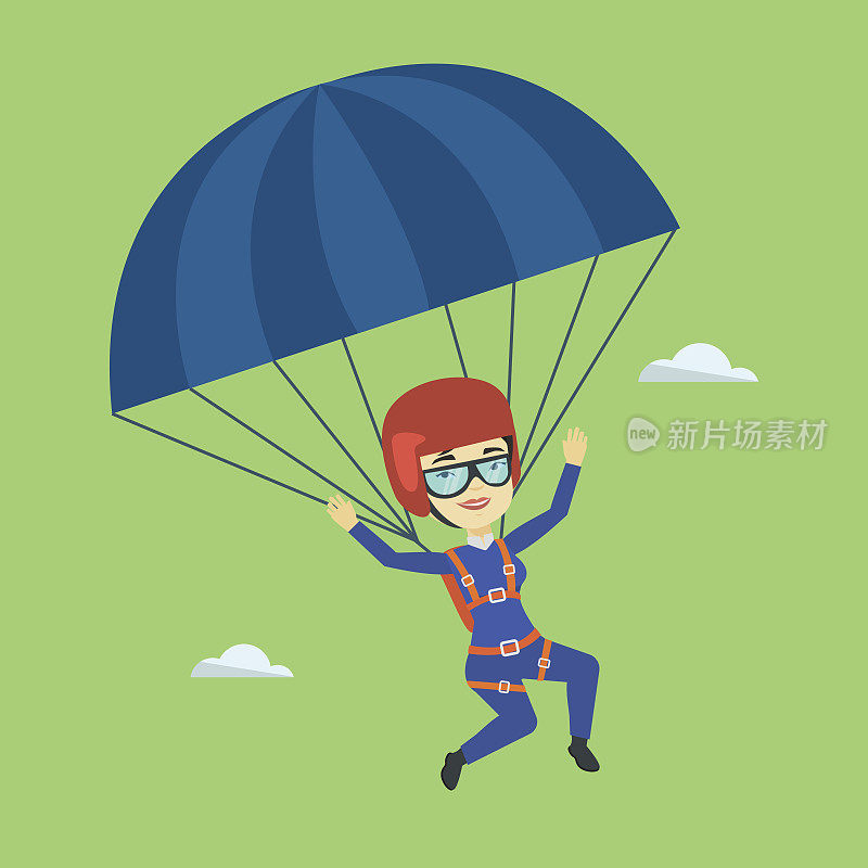 年轻快乐的女人用降落伞飞行