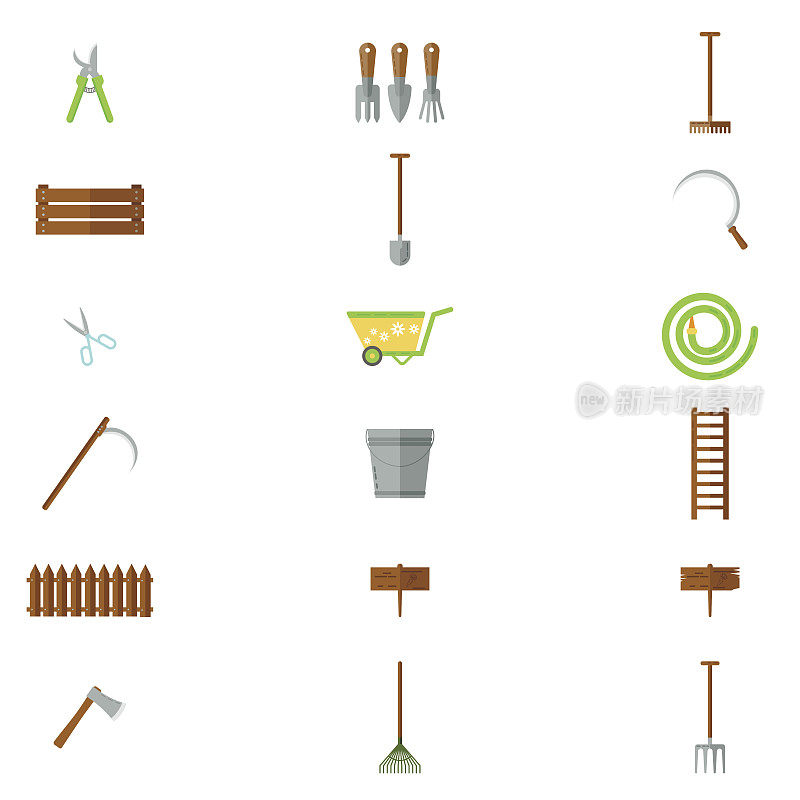 一套各种园艺项目。花园工具。平面设计的项目园艺插图。矢量插图。