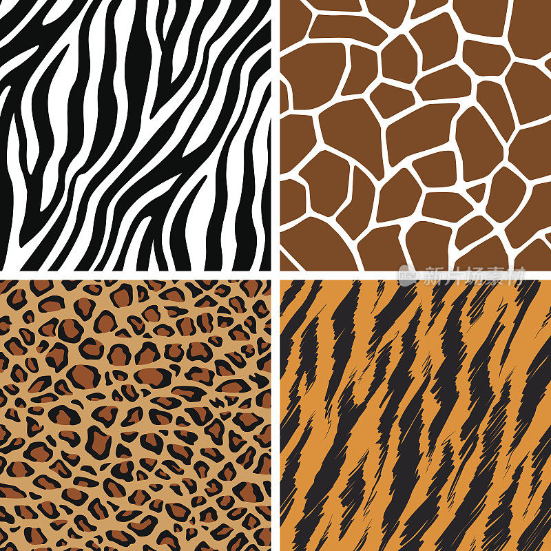 动物组-长颈鹿，豹，老虎，斑马无缝图案