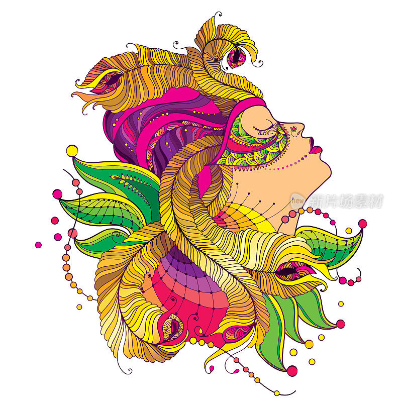 矢量侧面女孩的脸在狂欢节面具与轮廓金色孔雀羽毛，华丽的衣领和珠子孤立在白色的背景。