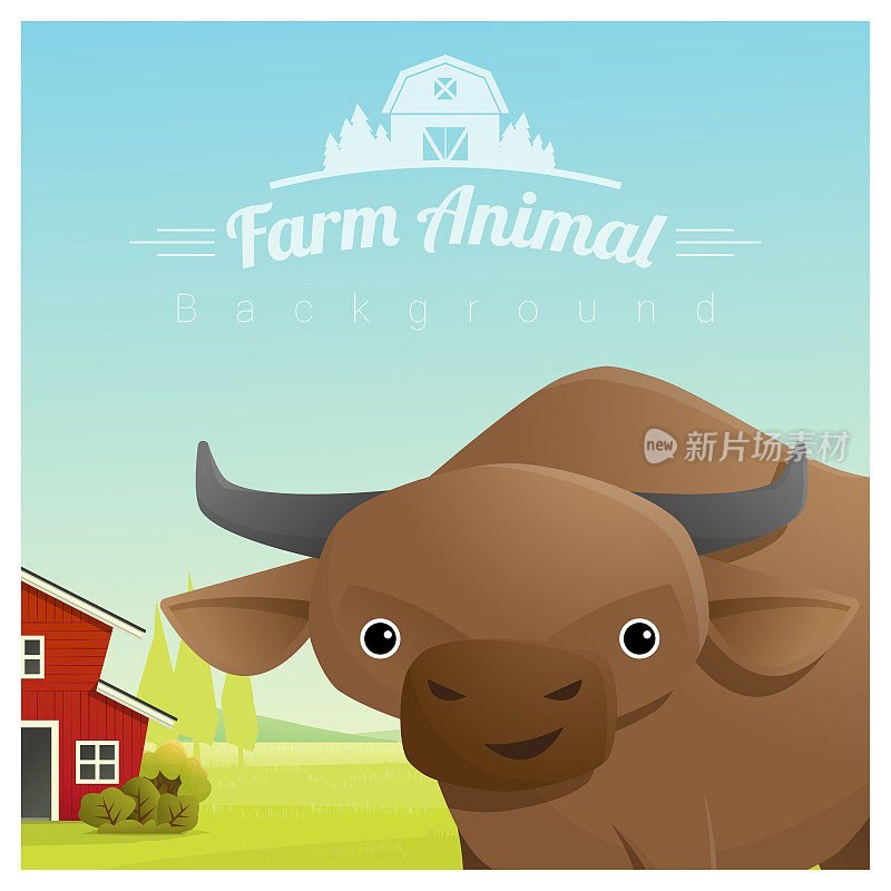 农场动物和农村景观背景与牛，矢量，插图