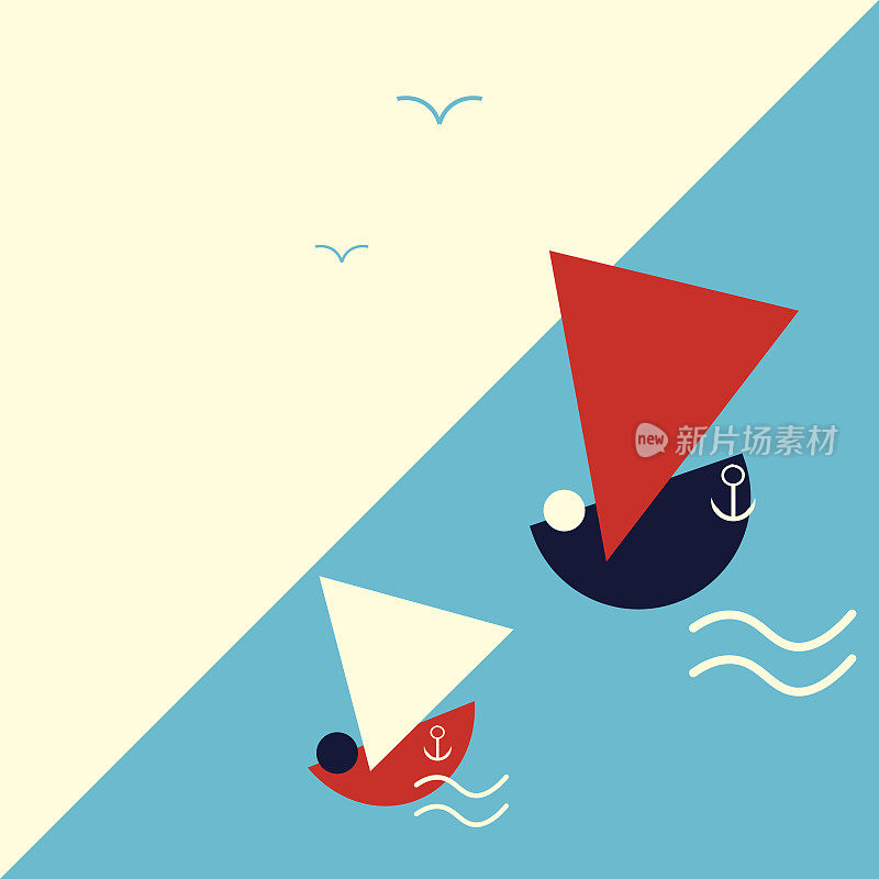 至上主义风格的极简矢量插图:海景与两个帆船，帆船或帆船。赛船会的海报。