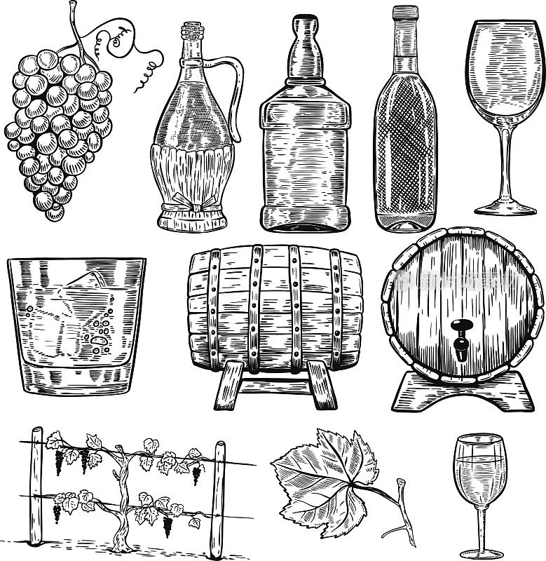 葡萄酒。一套酒瓶，葡萄，玻璃，木桶。设计元素海报，菜单。矢量图