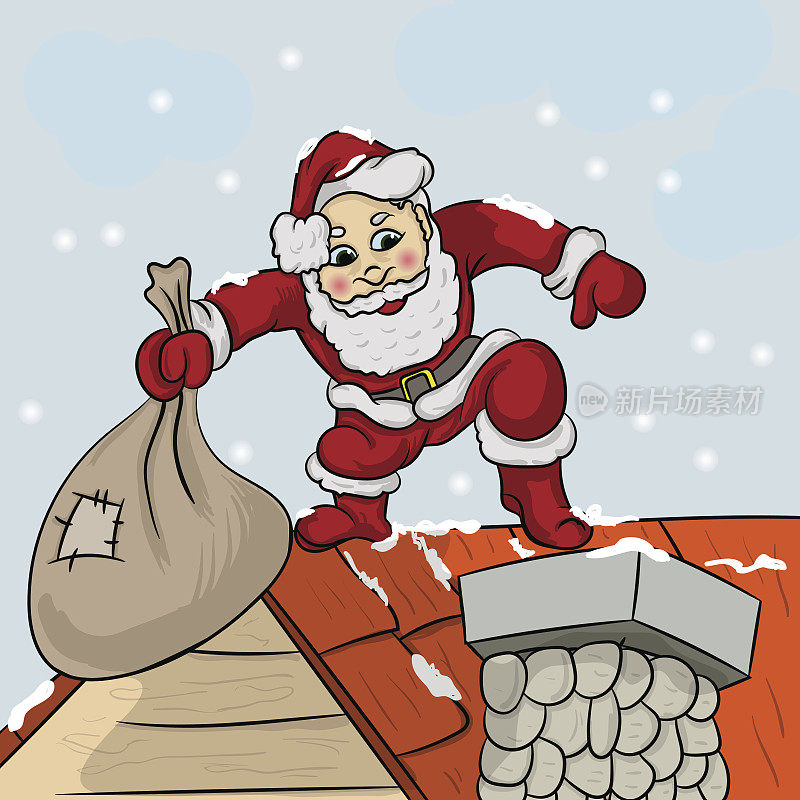 圣诞老人带着一袋礼物爬进烟囱