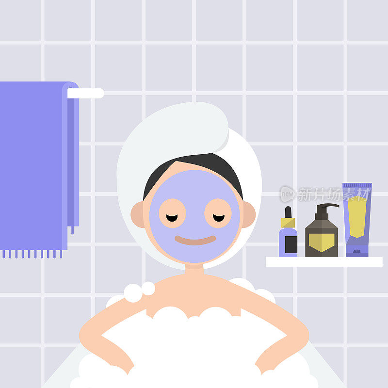 温泉治疗。年轻的女孩躺在浴缸里，带着肥皂泡沫。放松。浴室。用毛巾包好口罩和头发。平面可编辑矢量插图，剪辑艺术