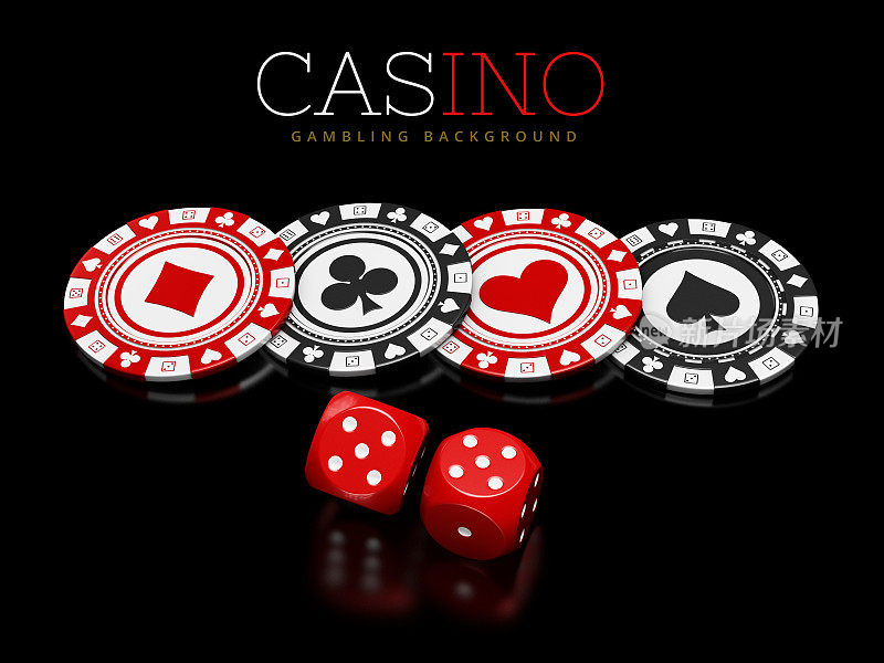 赌场筹码和骰子在黑色的背景，3d插图