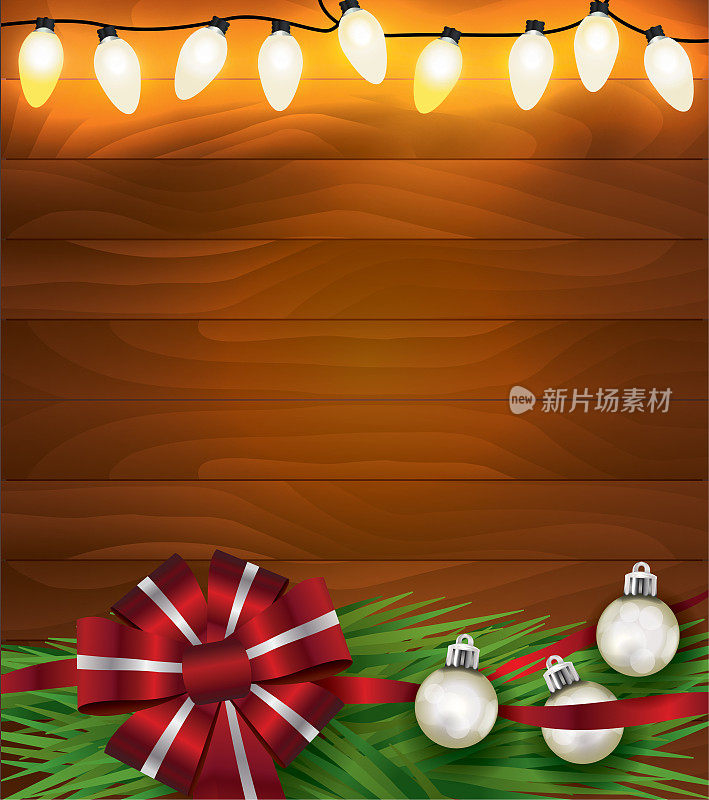 圣诞节日灯缎带和装饰在木头背景插图