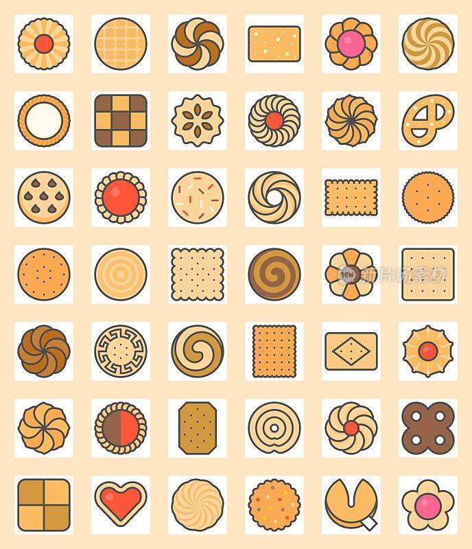 大套饼干，饼干和饼干轮廓填充颜色图标大小128像素像素完美
