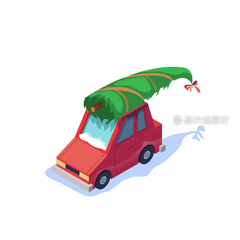 红色的汽车载着圣诞树白色的背景