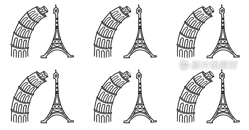 埃菲尔铁塔和比萨斜塔，白色背景上的漫画