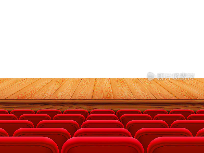 现实的剧院木质舞台或地板与一排排红色的座位，后视图。电影院大厅，电影院，剧院，歌剧，事件，演出的空座位。内部元素。矢量现实3d插图