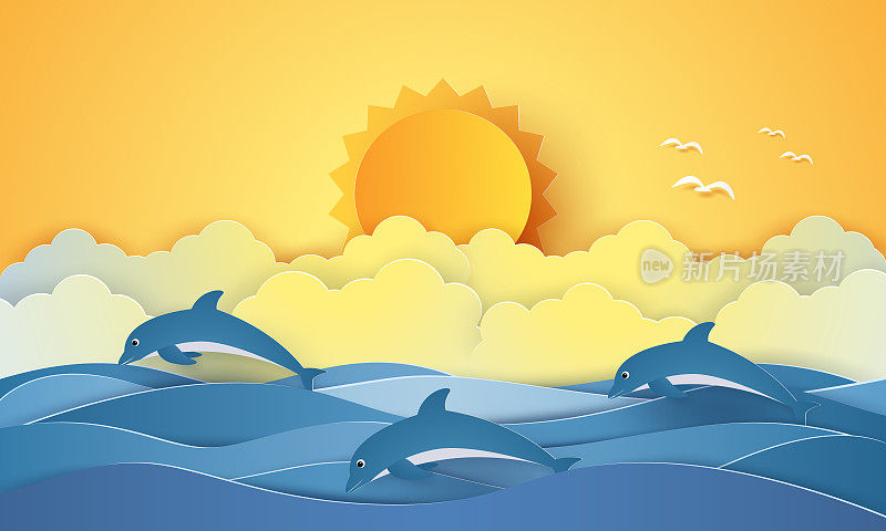 夏天的时候，海面上有海豚和阳光，纸艺术风格