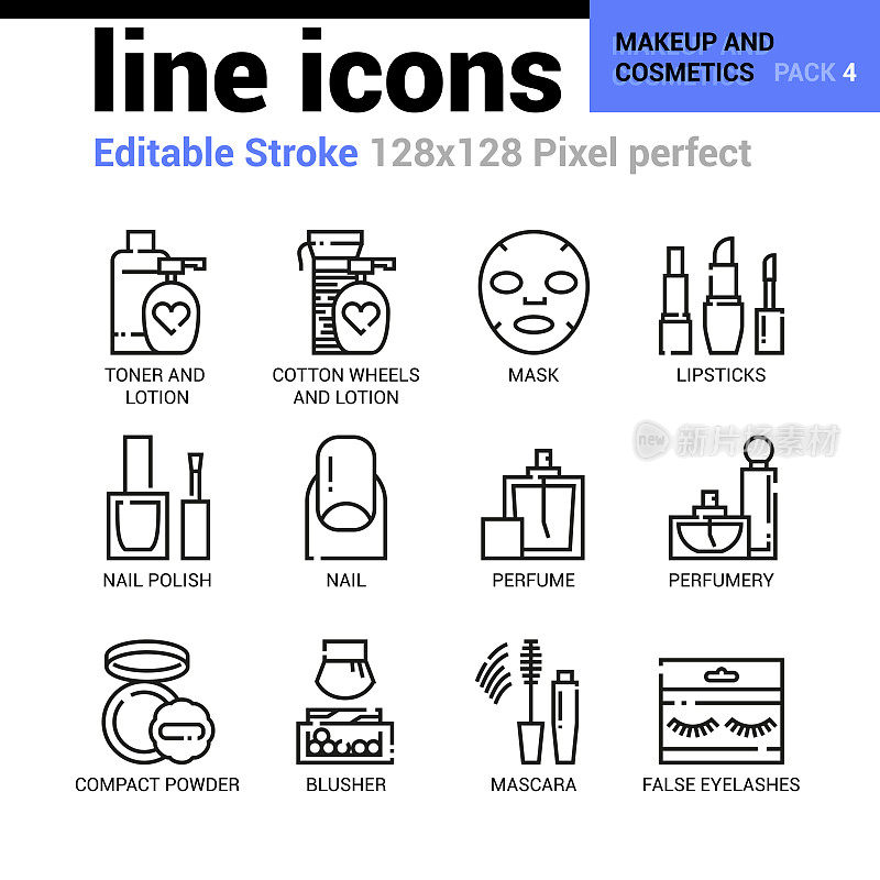 化妆和化妆线图标-可编辑的笔触，像素完美的细线矢量图标，用于网页设计和网站应用。