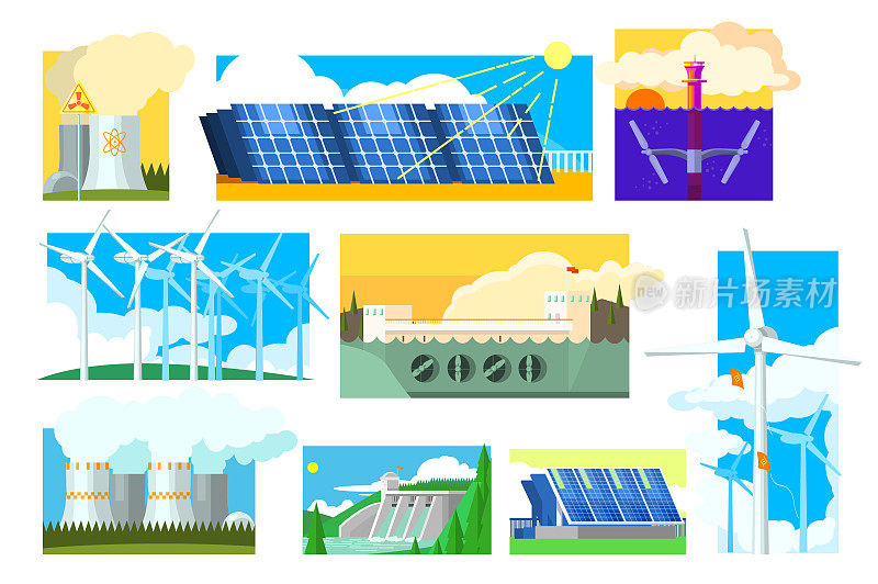 向量组替代能源。电力生产行业。太阳能、风能、水力、核能和热电厂