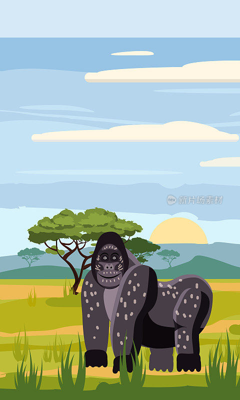 大猩猩背景上的非洲景观，草原，卡通风格，矢量插图