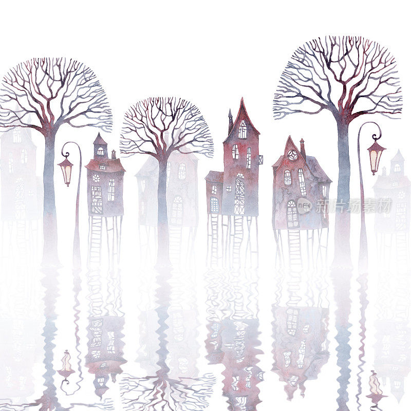 水彩画的一个城镇站在水中高跷。雾，弯曲的老房子，光秃秃的树和灯笼，倒影在涟漪的水面上。