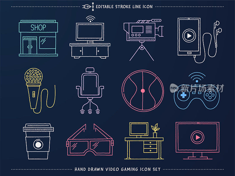 视频游戏手绘矢量图标集