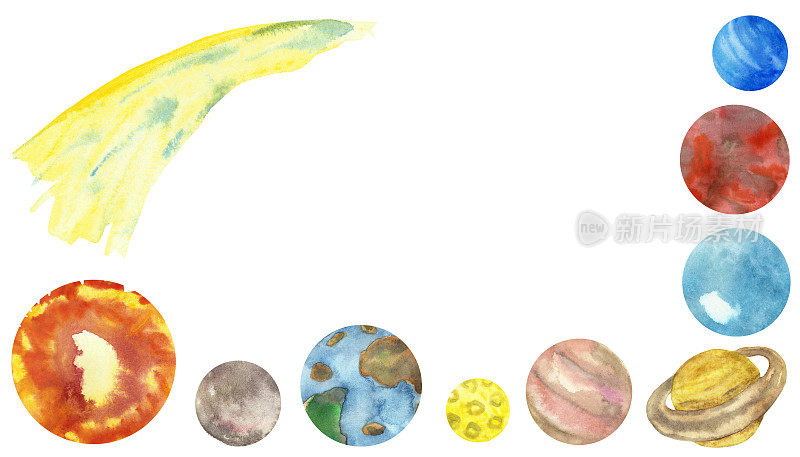 水彩手画无生命的自然太阳系组成与水星，金星，地球，火星，木星，土星，天王星，海王星和太阳行星和恒星孤立在白色的背景框架