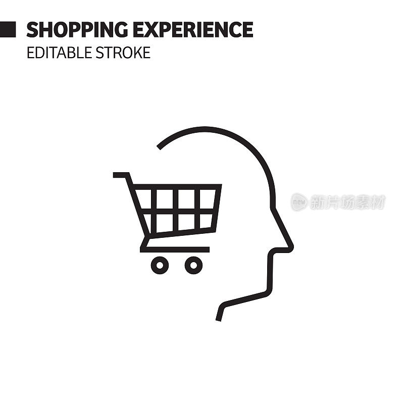 购物体验线图标，轮廓矢量符号插图。完美像素，可编辑的描边。