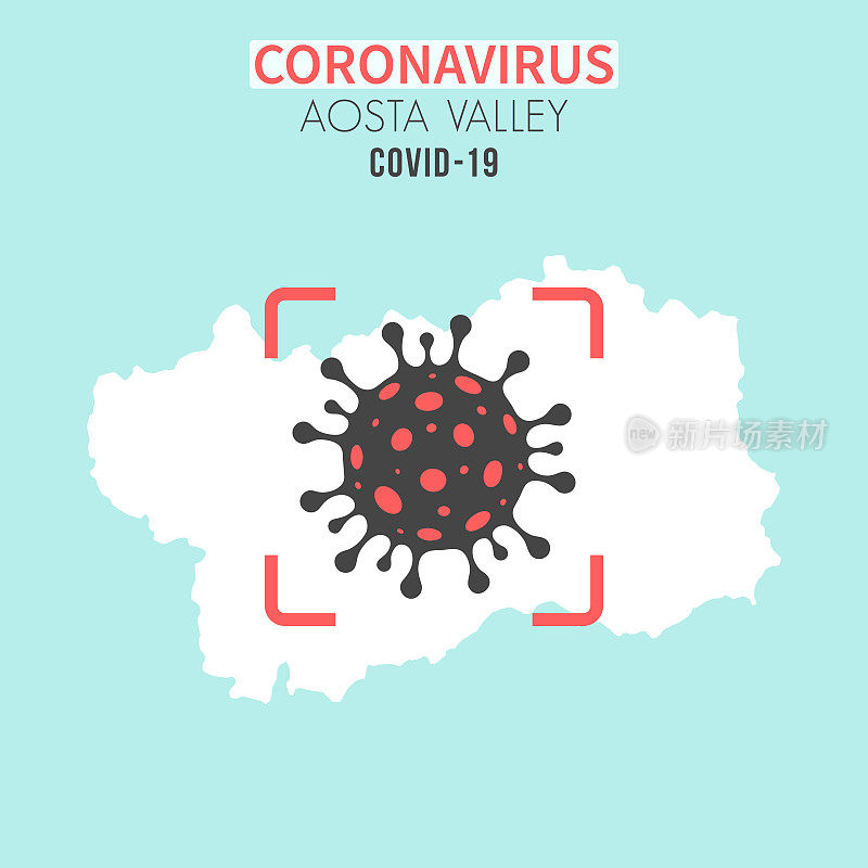 Aosta谷地图，红色取景器中有冠状病毒细胞(COVID-19)
