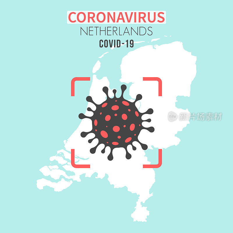 荷兰地图，红色取景器中有冠状病毒细胞(COVID-19)