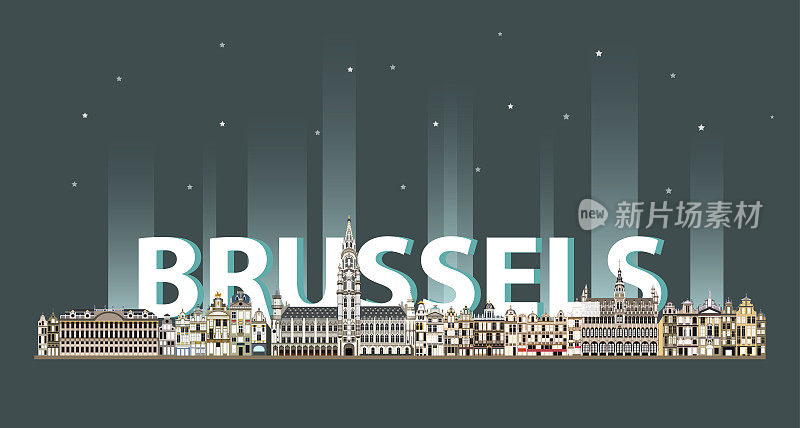 布鲁塞尔城市夜景多彩的海报。矢量图