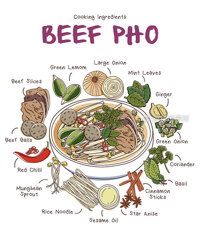 牛肉河粉配米粉。越南菜食谱插图。