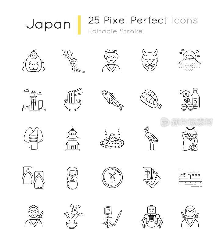 日本像素完美线性图标集。鲤鱼跃出。拉面和寿司。日本传统符号。可自定义细线轮廓符号。孤立矢量大纲插图。可编辑的中风