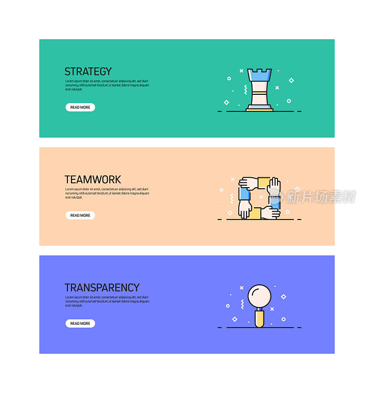 核心价值观相关的现代线条风格网页横幅矢量插图