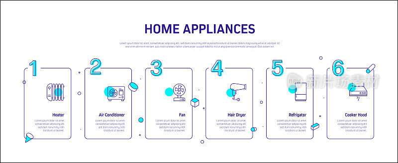 家电相关工艺信息图模板。过程时间图。使用线性图标的工作流布局