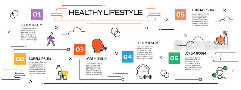 健康生活方式相关过程信息图表模板。过程时间图。使用线性图标的工作流布局