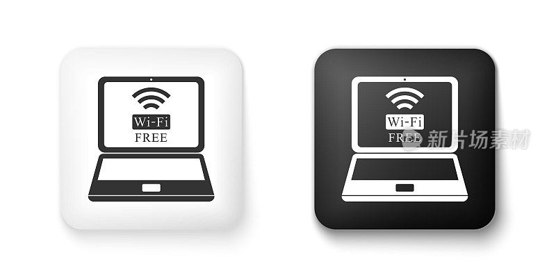 黑白笔记本电脑和免费wi-fi无线连接图标隔离在白色背景上。无线技术，wi-fi连接，网络，热点概念。方形按钮。向量