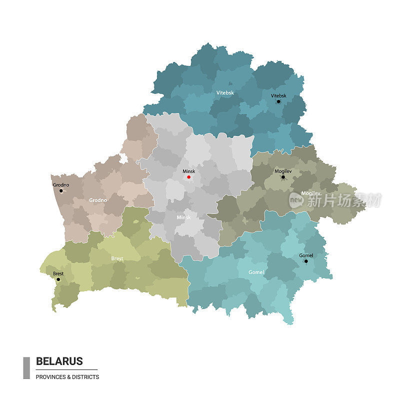 白俄罗斯高详细地图与细分。白俄罗斯行政地图，标有地区和城市名称，按州和行政区域着色。矢量插图。