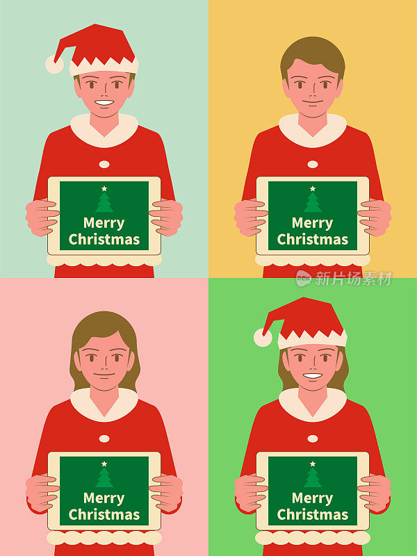 美丽的孩子们(男孩和女孩)穿着圣诞老人的衣服，拿着一个数字平板电脑