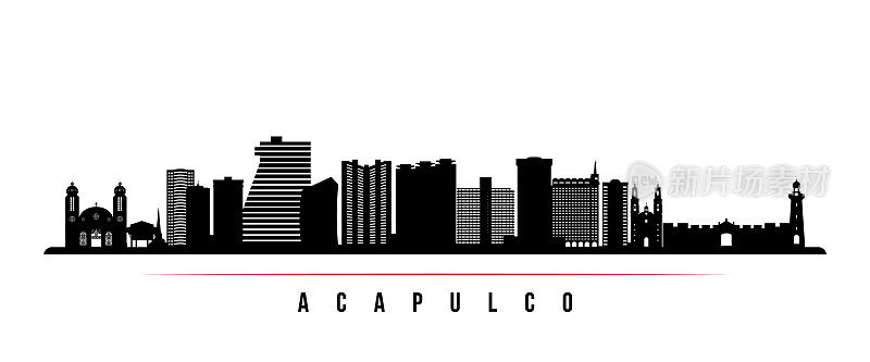 阿卡普尔科地平线横横幅。墨西哥阿卡普尔科市的黑白剪影。用于设计的向量模板。