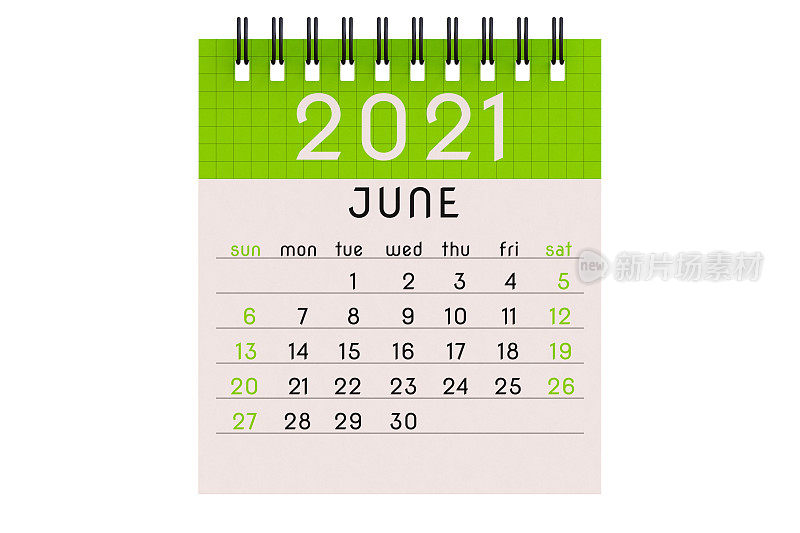 简单程式化的2021年日历螺旋式笔记本6月页在绿色，孤立在纯白色的背景