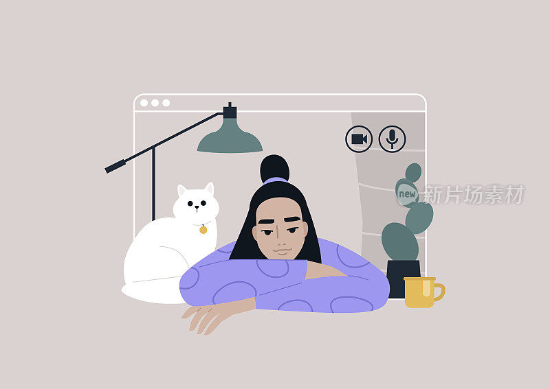 视频通话框架，在家工作的概念，社交距离，一个年轻的亚洲女性角色使用在线技术与朋友，家人或同事联系