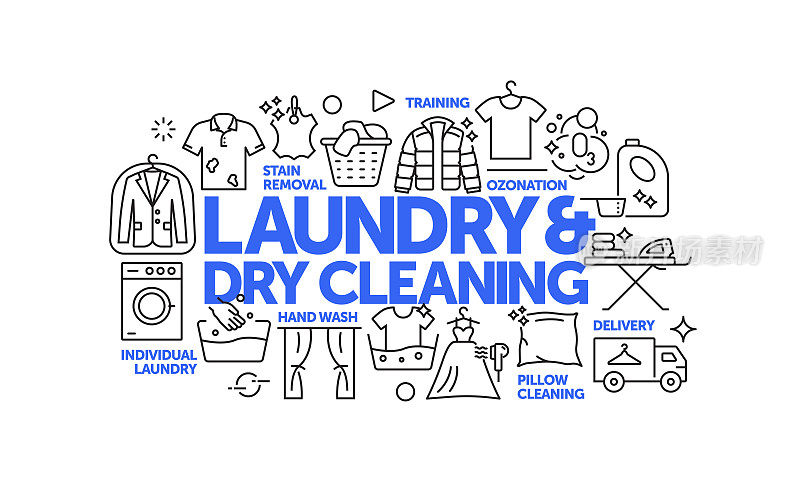 洗衣和干洗相关的网页横幅线风格。现代线性设计矢量插图的Web横幅，网站标题等。