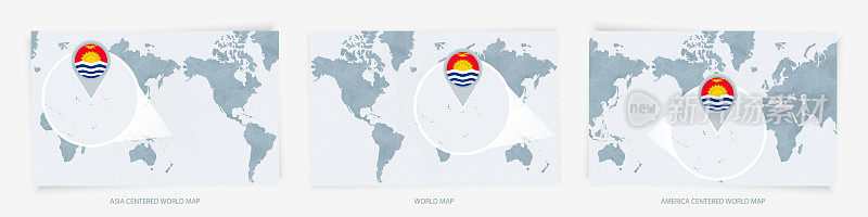 三个版本的《世界地图》和带有旗帜的基里巴斯放大地图。