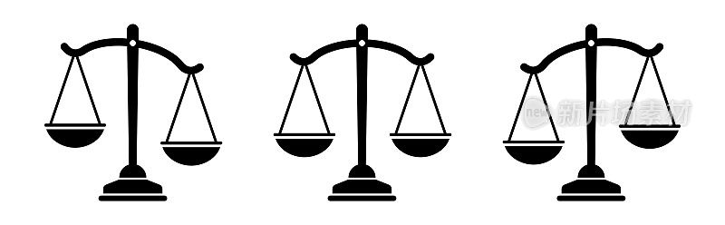 公正缩放图标集。法律规模图标收集。平衡的概念。天秤座的剪影。
