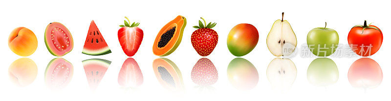 一排一排的新鲜水果和蔬菜。西瓜，桃子，梨，苹果，草莓，木瓜，芒果，番石榴，西红柿。向量。