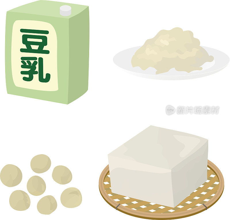 矢量插图的豆腐，大豆，豆浆，和秋葵。