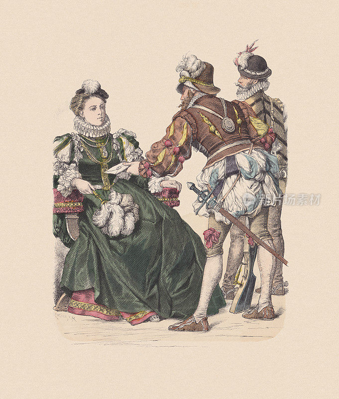 16世纪德国服饰，手工着色木刻，约1880年出版