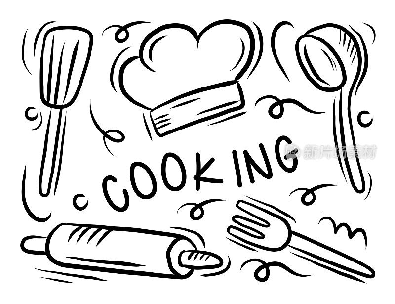 烹饪相关的涂鸦设计矢量插图