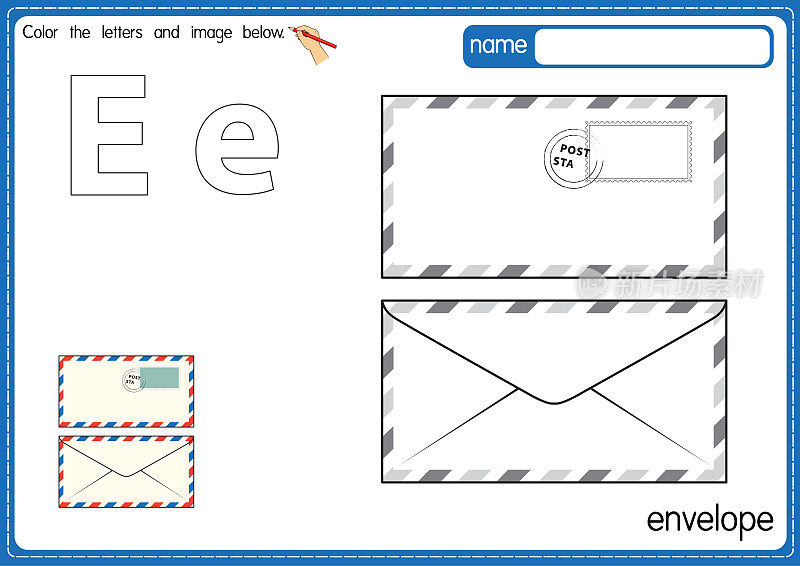 矢量插图的儿童字母着色书页与概述剪贴画，以颜色。E代表信封。