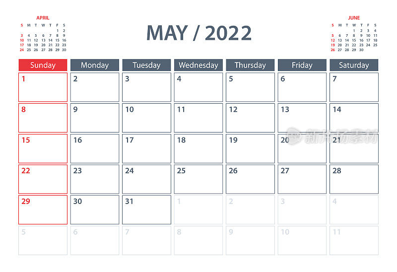 2022年五月日历规划器矢量模板。一周从周日开始