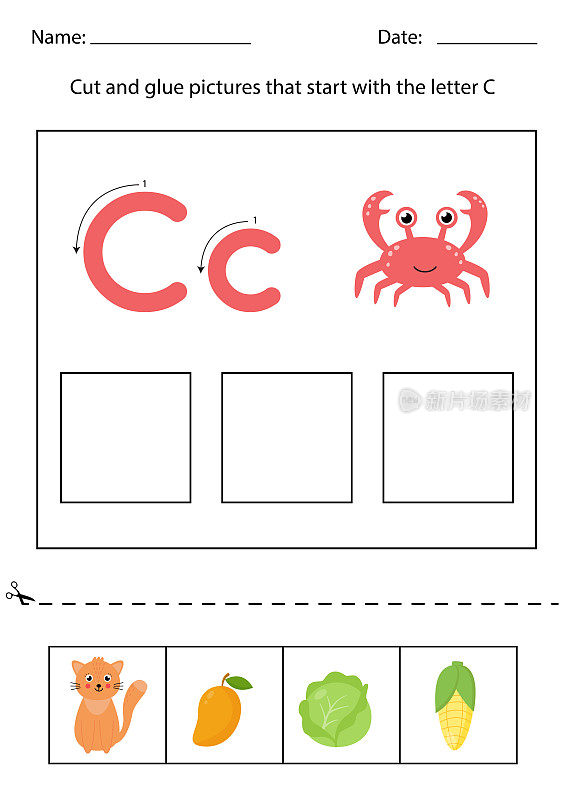 儿童字母识别。削减和胶水。字母C。