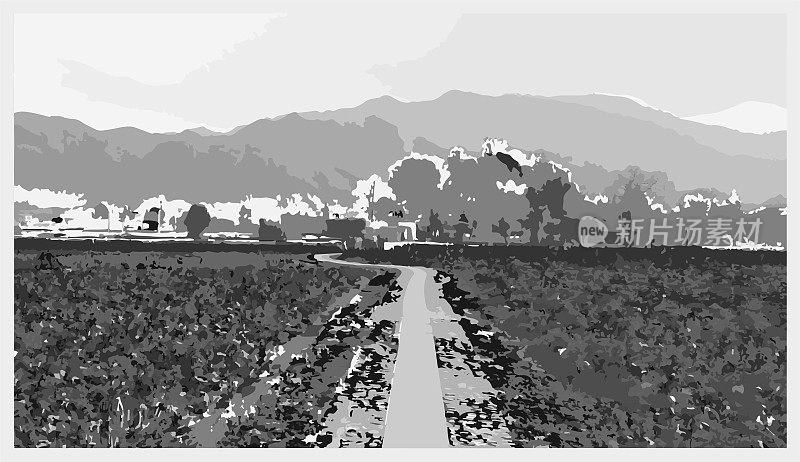 矢量单色雕刻风格的山景背景，安徽省黄山市黟县，中国